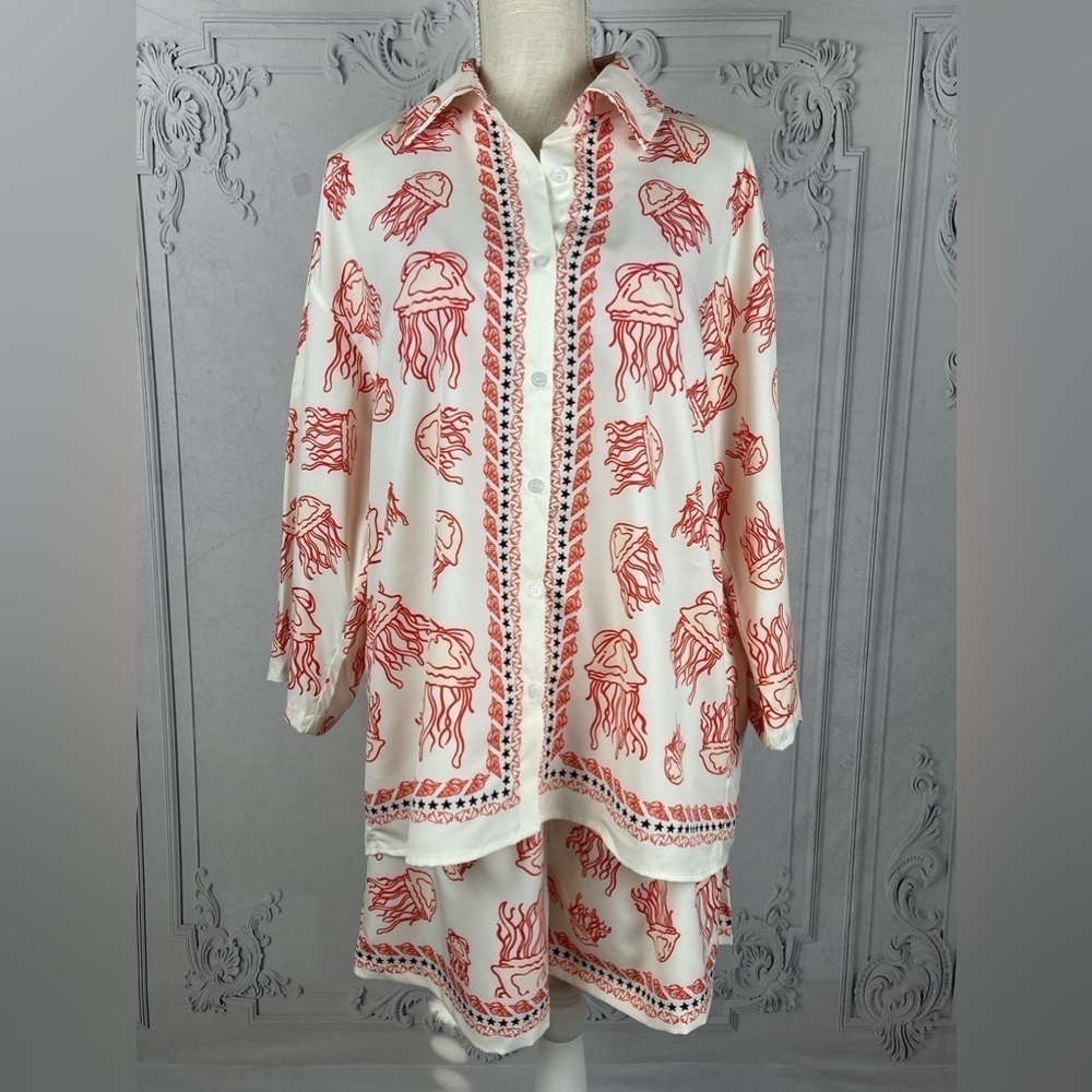 Casual Jellyfish blouse & Shorts Loose Fit Sea Life Print Beach Coverup - Picture 8 of 16